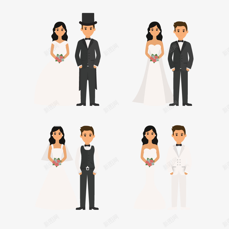 4对新人png免抠素材_新图网 https://ixintu.com 卡通形象 婚纱 男士女士 礼物 结婚
