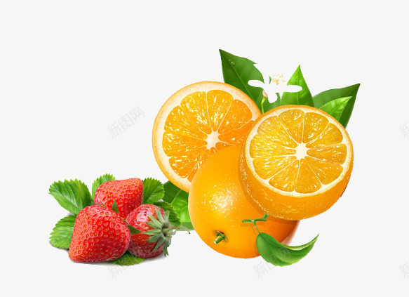 水果PMGpsd免抠素材_新图网 https://ixintu.com 新鲜橙子 新鲜草莓 时令水果 红色 绿叶 黄色