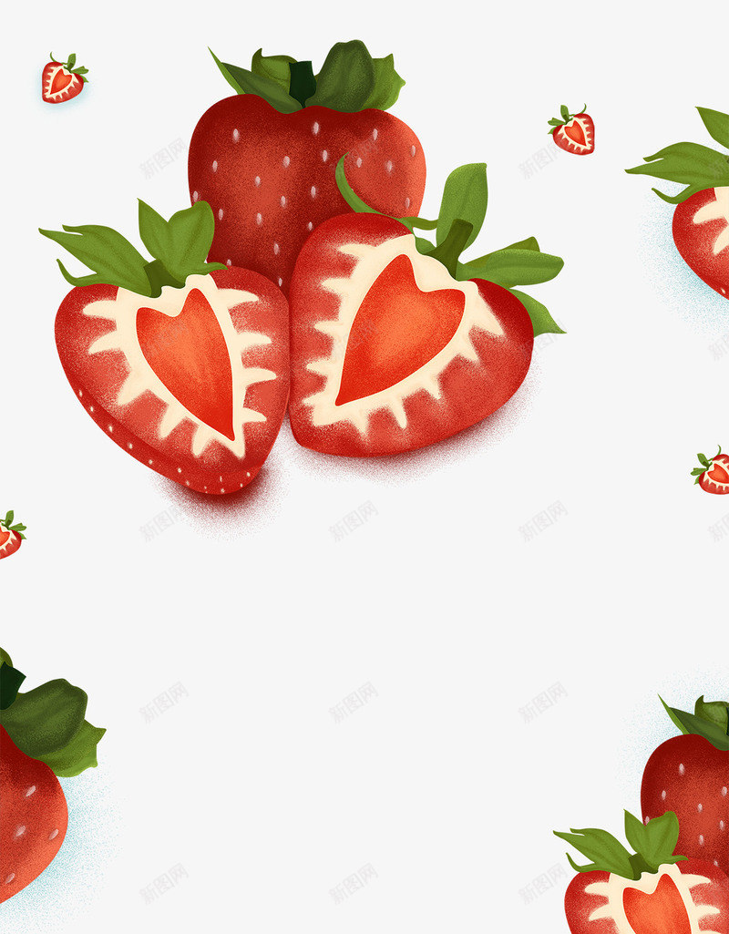 卡通手绘红色草莓png免抠素材_新图网 https://ixintu.com 切开的草莓 卡通 叶子 手绘 新鲜 水果 红色 草莓