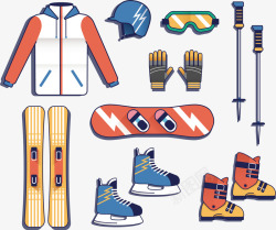 卡通彩色滑雪装备矢量图素材