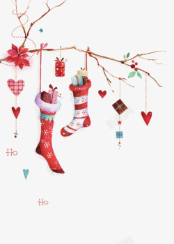 树枝圣诞树卡通圣诞爱心礼物袜子树枝高清图片