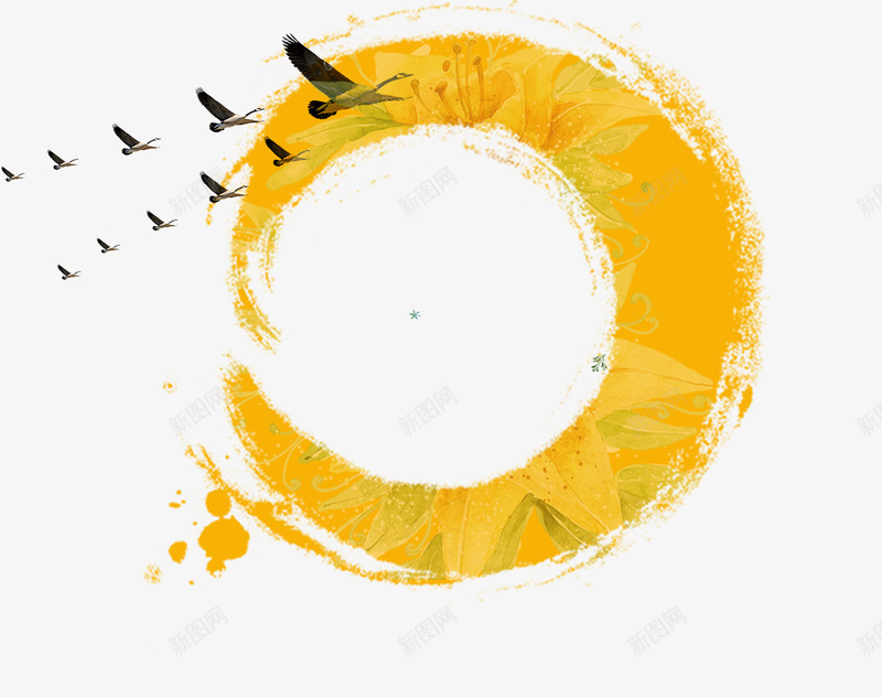 圆形边框png免抠素材_新图网 https://ixintu.com 中国风 圆形边框 秋 秋天 边框 飞翔的鸟 鸟 黄色 黄色水墨 黄色边框