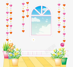 平面窗口素材卡通家居场景心形挂饰盆栽窗口高清图片