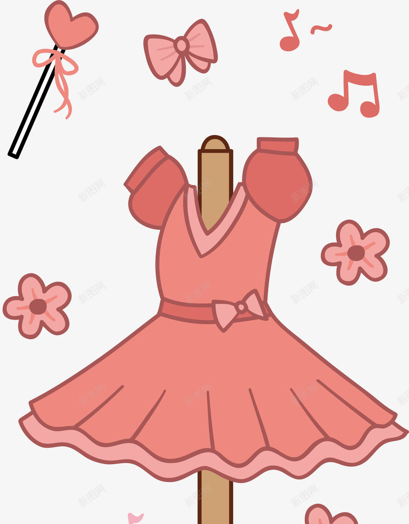 粉色裙子png免抠素材_新图网 https://ixintu.com 手绘 泡泡袖 爱心 粉色裙子 花朵 蝴蝶结 音符