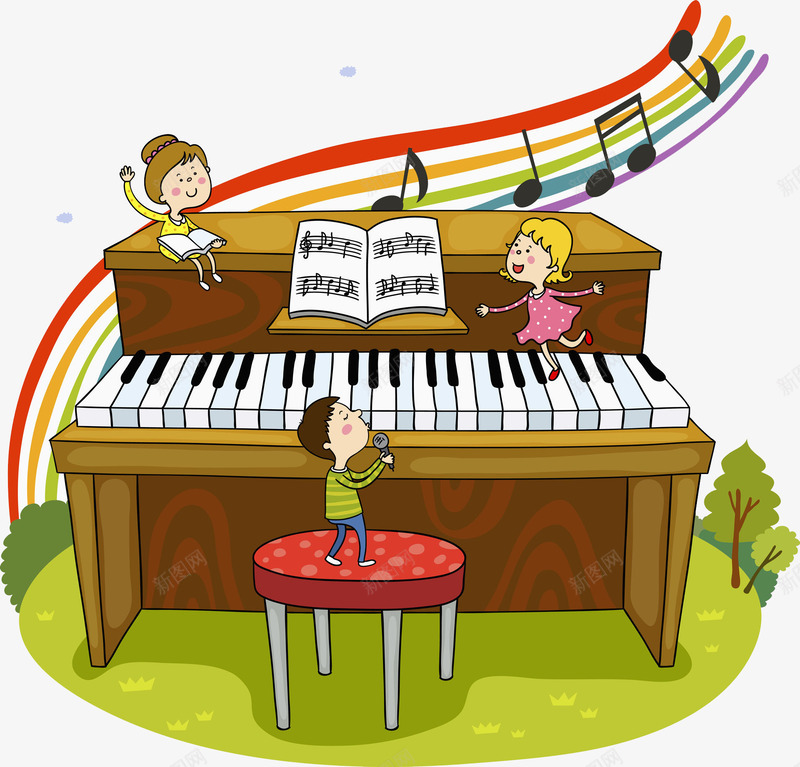 木质钢琴png免抠素材_新图网 https://ixintu.com 乐谱 彩虹 手绘 斑点 木质 椅子 钢琴 音符 黑白琴键