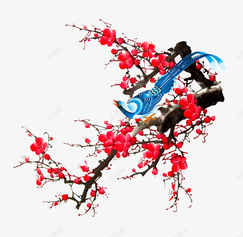 梅花树上的喜鹊png免抠素材_新图网 https://ixintu.com 上的喜鹊 中国风 喜雀 树枝 梅花 梅花树 红色梅花 蓝色