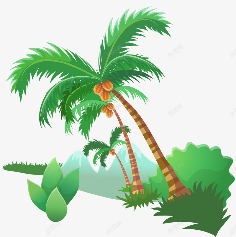 绿色海滩椰子树和草丛矢量图eps免抠素材_新图网 https://ixintu.com 海滩椰子树 绿色 草丛 矢量图