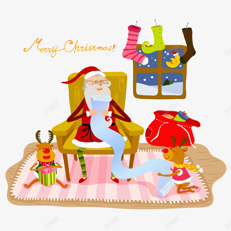 圣诞老爷爷拿着礼物清单png免抠素材_新图网 https://ixintu.com 创意 卡通 圣诞 地毯 多彩 手绘 英文 袜子