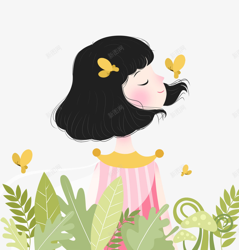 卡通手绘花丛中的女孩png免抠素材_新图网 https://ixintu.com 免抠女孩 卡通 手绘 花丛中的女孩 飞翔的花朵 黄色的蝴蝶