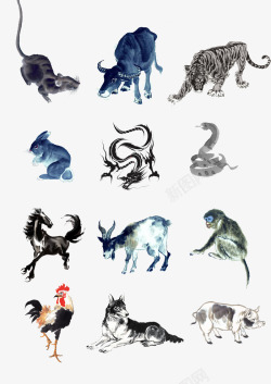 网页水墨画动物12生肖中国风水墨画高清图片