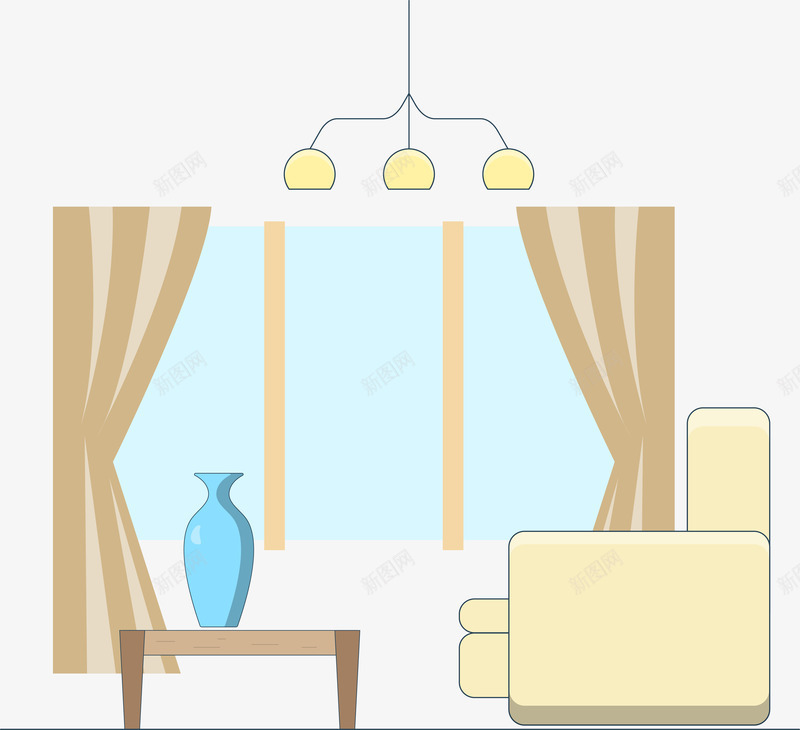 窗户边上的休闲区png免抠素材_新图网 https://ixintu.com 休闲区 卡通手绘 吊灯 桌子 沙发 瓶子 装饰图