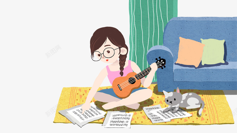 卡通手绘弹吉他写歌曲的女孩psd免抠素材_新图网 https://ixintu.com 写歌曲的女孩 卡通 弹吉他 手绘 新图网 猫咪装饰 纸张装饰 蓝色的沙发