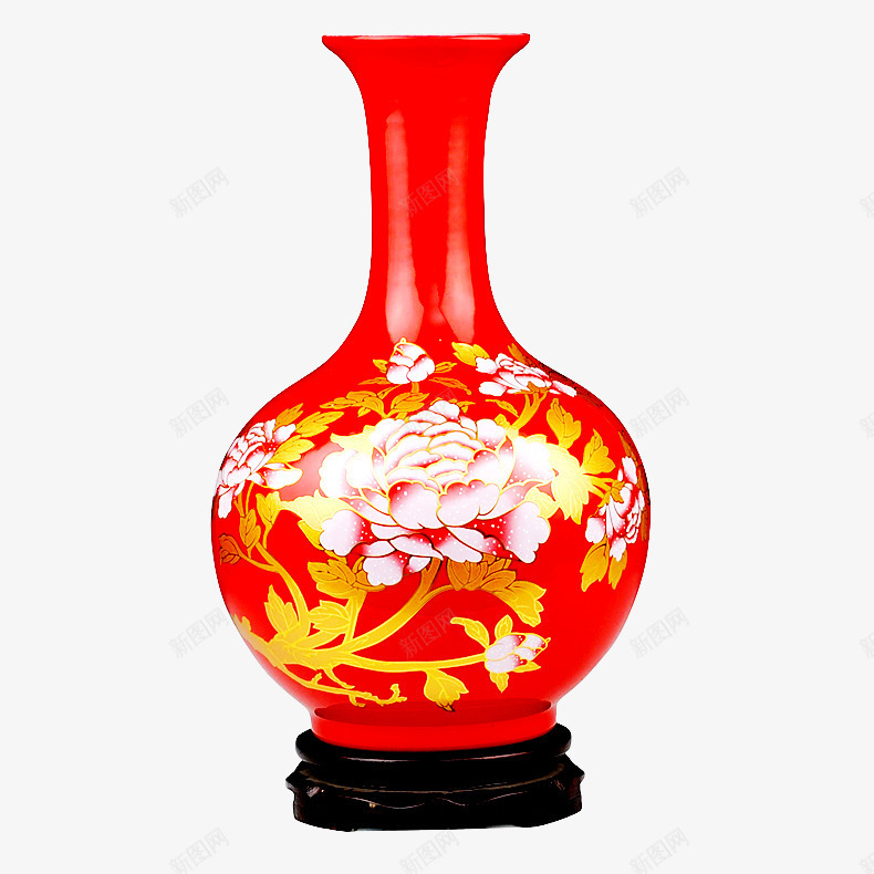 红色花瓶psd免抠素材_新图网 https://ixintu.com 中国风 产品实物 插花瓶 牡丹花 瓶子 花瓶 花瓶底座