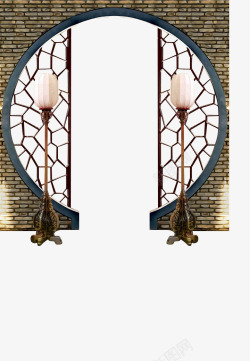 古典沙发装饰画中国风圆形窗户两边的灯高清图片