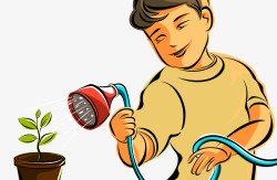 卡通青年浇水植物盆栽素材