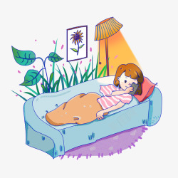 躺在床上玩手机手绘卡通女孩躺在沙发上玩手机高清图片