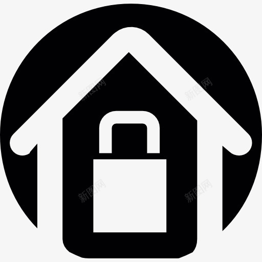 房子锁在一个圆形的黑色背景轮廓图标png_新图网 https://ixintu.com 安全外壳 家居 建筑 房地产 房子 房子和锁 锁定的房子