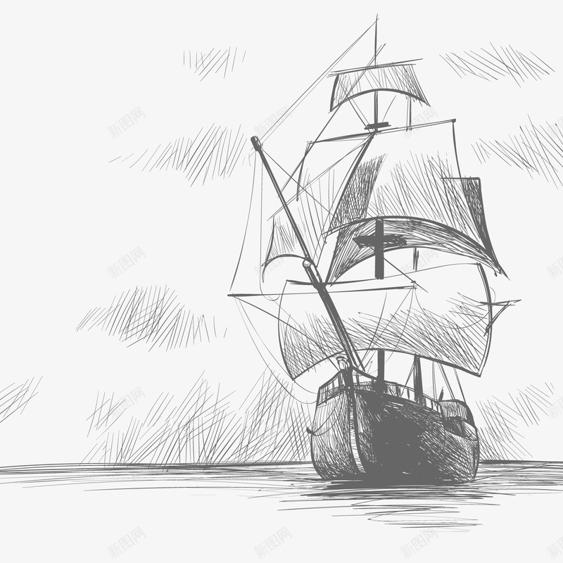 帆船png免抠素材_新图网 https://ixintu.com 大海 湖面 装饰 铅画