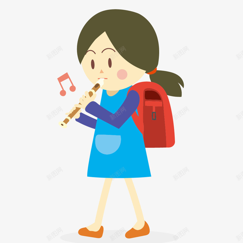 吹笛子的卡通女孩png免抠素材_新图网 https://ixintu.com 书包 人物 卡通 双肩包 吹笛子 学生 音符