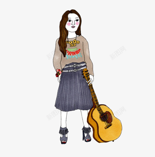 吉他女孩女装png免抠素材_新图网 https://ixintu.com 及膝裙 女装穿搭 手绘