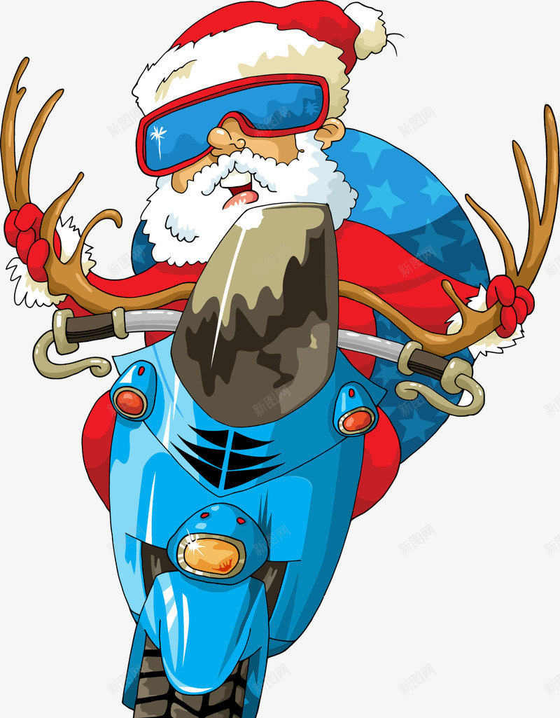 圣诞节酷炫圣诞老人png免抠素材_新图网 https://ixintu.com 圣诞礼物 圣诞节 棕色鹿角 蓝色机车 酷炫圣诞老人 麋鹿机车