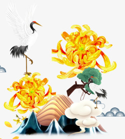 松鹤背景中国风手绘重阳菊花松鹤插画高清图片