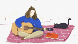 吉他女孩卡通手绘坐在红色毯子上弹吉高清图片