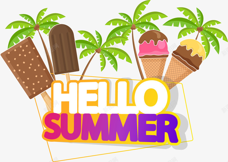 你好夏天夏日牌子png免抠素材_新图网 https://ixintu.com HELLO SUMMER 免抠PNG 冰棒 冰淇淋 冰激凌 夏季 暑期 椰子树 英文 雪糕