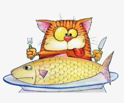 吃烤鱼场景手绘彩绘创意猫吃烤鱼图案高清图片