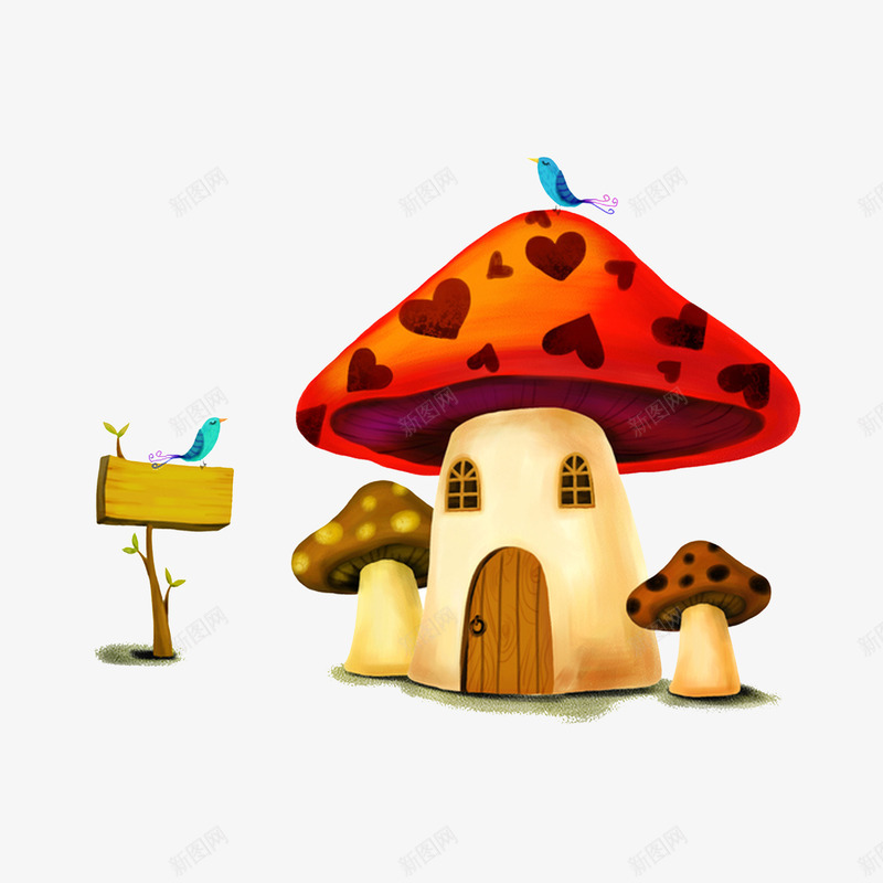 卡通蘑可爱的蘑菇屋psd免抠素材_新图网 https://ixintu.com 卡通蘑菇 插画 木牌 空房子 蓝色小鸟 蘑菇屋