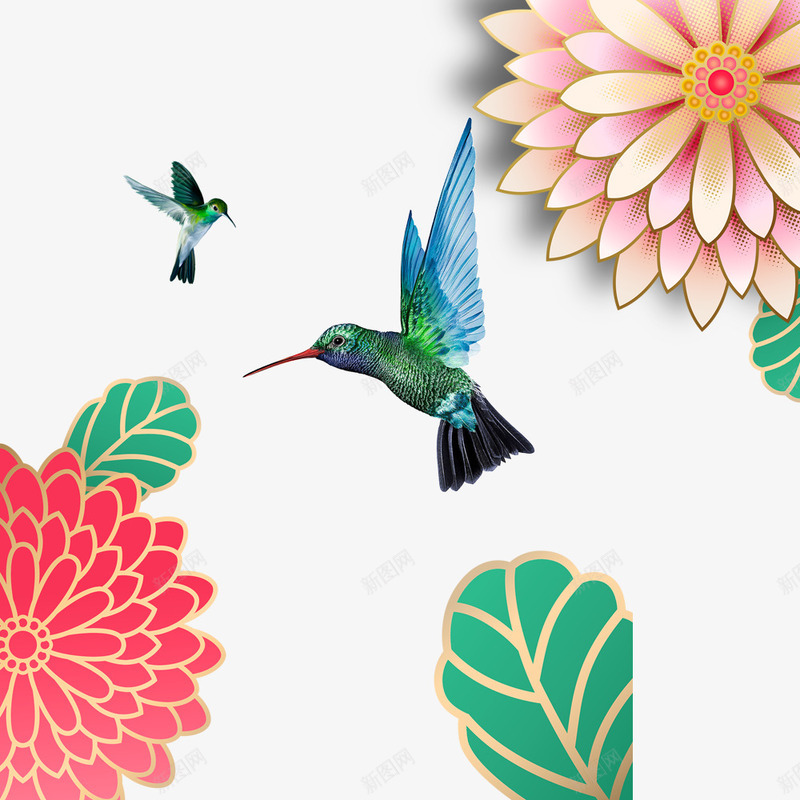 彩色创意吉祥蜂鸟元素psd免抠素材_新图网 https://ixintu.com 创意 卡通 彩色 插画 环境 自然 花朵 蜂鸟