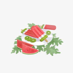 西瓜味冰棒手绘西瓜冰棒和西瓜片高清图片