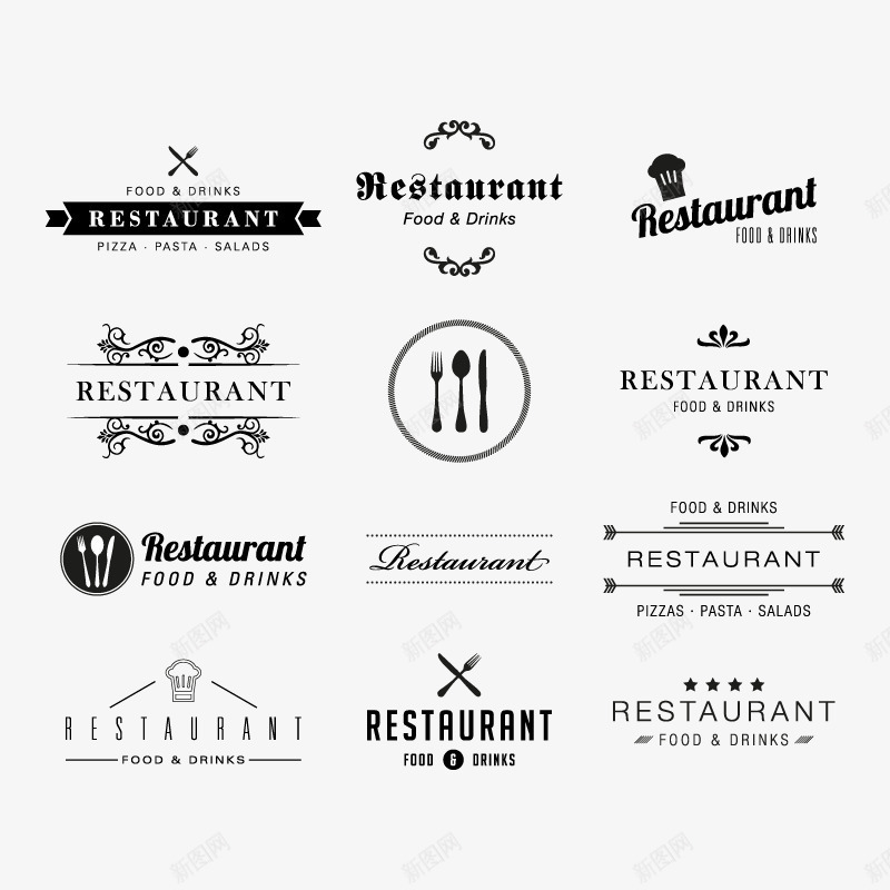 餐厅LOGO矢量图图标ai_新图网 https://ixintu.com 厨房 帽子 餐具 黑色 矢量图