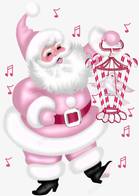 圣诞老人提着小鸟png免抠素材_新图网 https://ixintu.com 国外节日 圣诞节 粉色 节日素材 音符