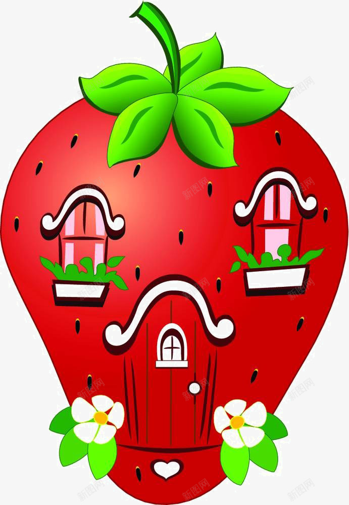 卡通草莓房子png免抠素材_新图网 https://ixintu.com 卡通 叶子 窗户 草莓房子