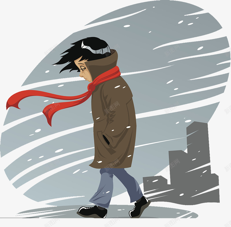 走在寒风中的男人png免抠素材_新图网 https://ixintu.com 下雪天 冷 卡通人物 卡通人物走路 抄着兜 男人 红色围巾 走在寒风中