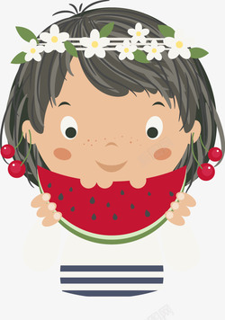 水果花环吃西瓜的小女生矢量图高清图片