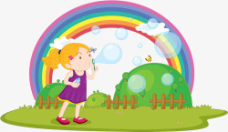 草地上的小女孩人物插图草地上吹泡泡的小女孩高清图片