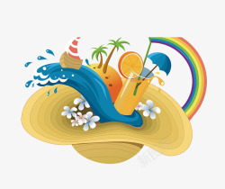 卡通旅游草帽里的海浪彩虹素材