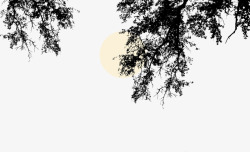 黑白树枝树叶特写剪影月亮矢量图素材