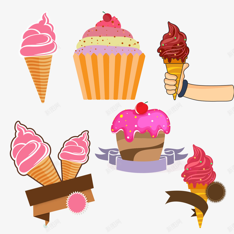 冰淇淋甜点png免抠素材_新图网 https://ixintu.com 冰淇淋 卡通 巧克力 彩色 手绘 点心 甜点 草莓味 蛋糕