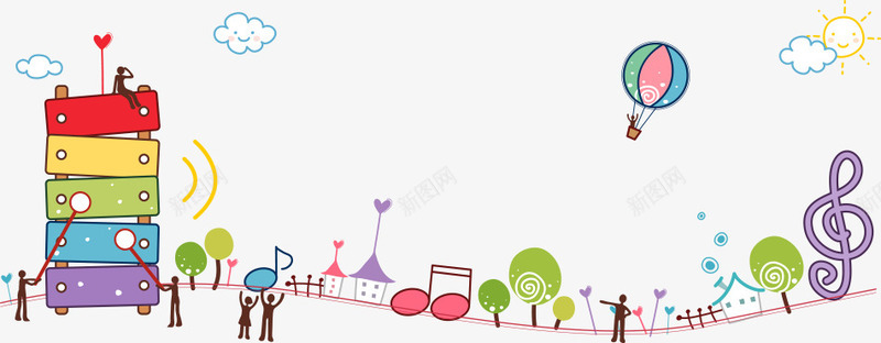 卡通音乐插画png免抠素材_新图网 https://ixintu.com 人物 卡通音乐插画 热气球 音乐插画 音符