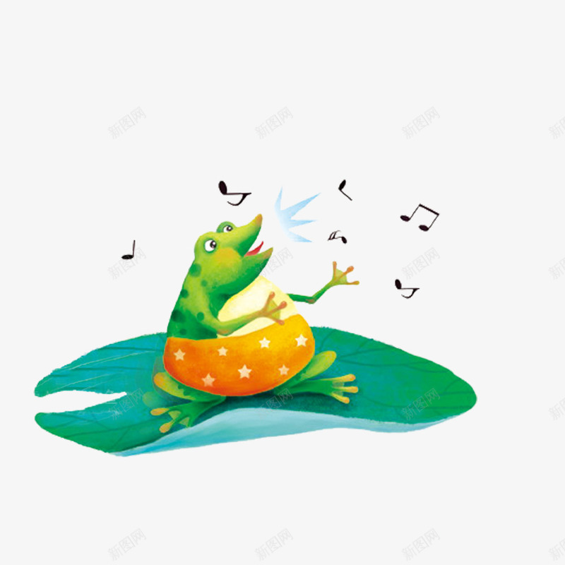 唱歌的青蛙png免抠素材_新图网 https://ixintu.com 卡通 唱歌 手绘 绿色的 荷叶 青蛙 音符 黑色的