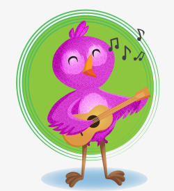 卡通手绘紫色唱歌弹吉他小鸟矢量图素材