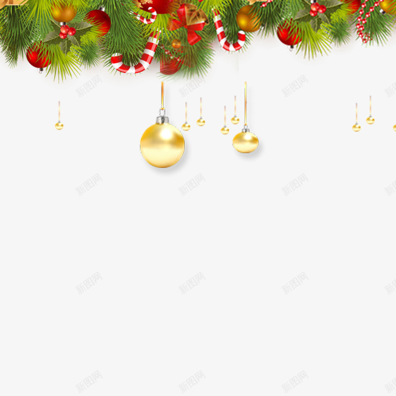 圣诞背景png免抠素材_新图网 https://ixintu.com 圣诞 拐杖 松树 植物 礼物 节日 金色圆球