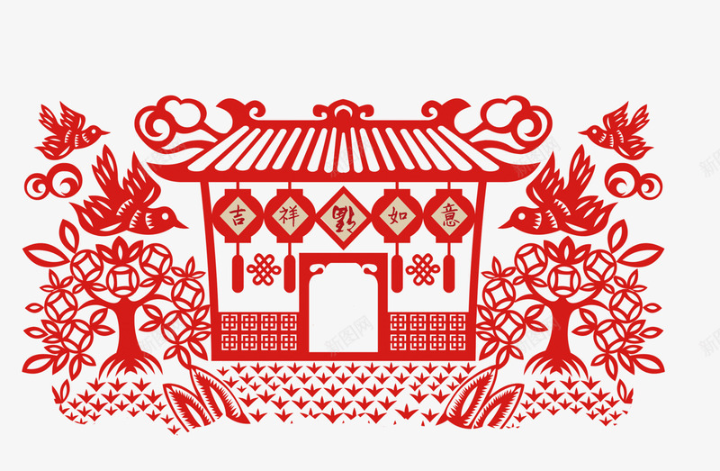 中国风房子png免抠素材_新图网 https://ixintu.com 中国风房子 中国风边框 剪纸 剪纸房子 复古边框 红色边框 边框纹理