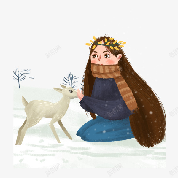 手绘雪地里的女孩和小鹿psd免抠素材_新图网 https://ixintu.com 可爱的小鹿 手绘雪地里的女孩和小鹿 雪地里的女孩