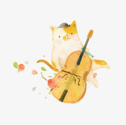 水彩吉他手绘可爱弹吉他猫咪高清图片
