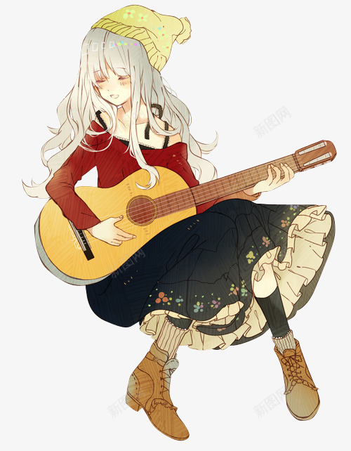卡通立绘抱着吉他的女孩png免抠素材_新图网 https://ixintu.com 卡通 吉他 女孩 抱着