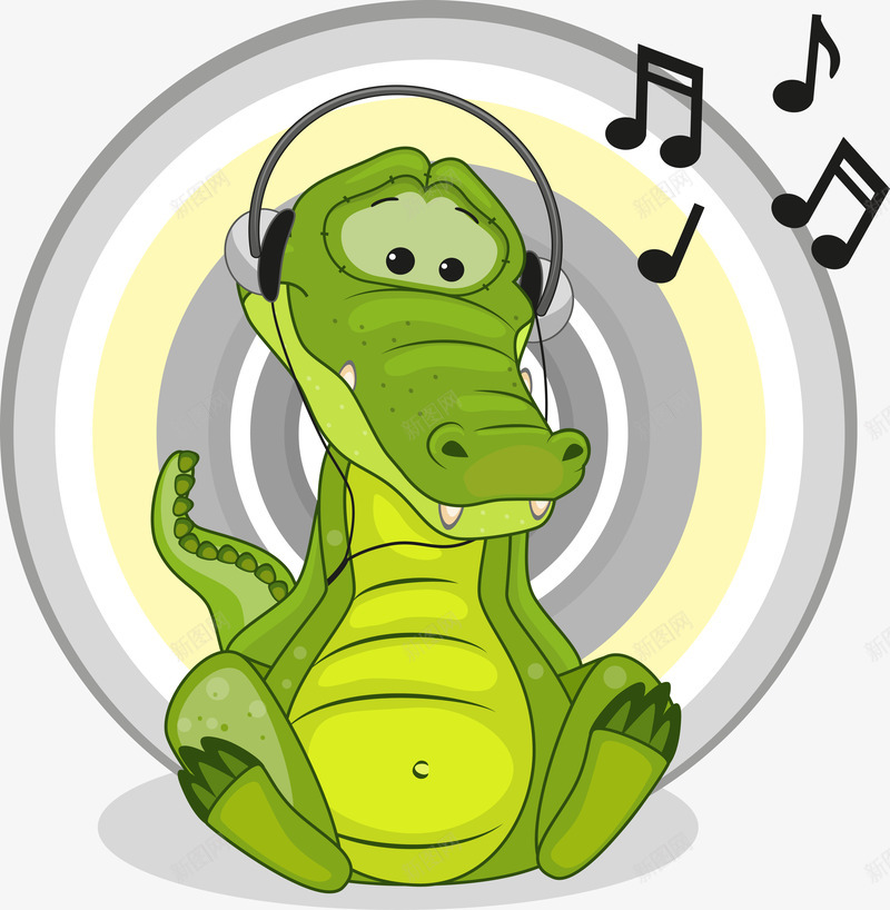 卡通动物png免抠素材_新图网 https://ixintu.com 创意设计 动物 卡通 可爱 戴着耳机的可爱卡通动物 耳机 音乐 音符 鳄鱼